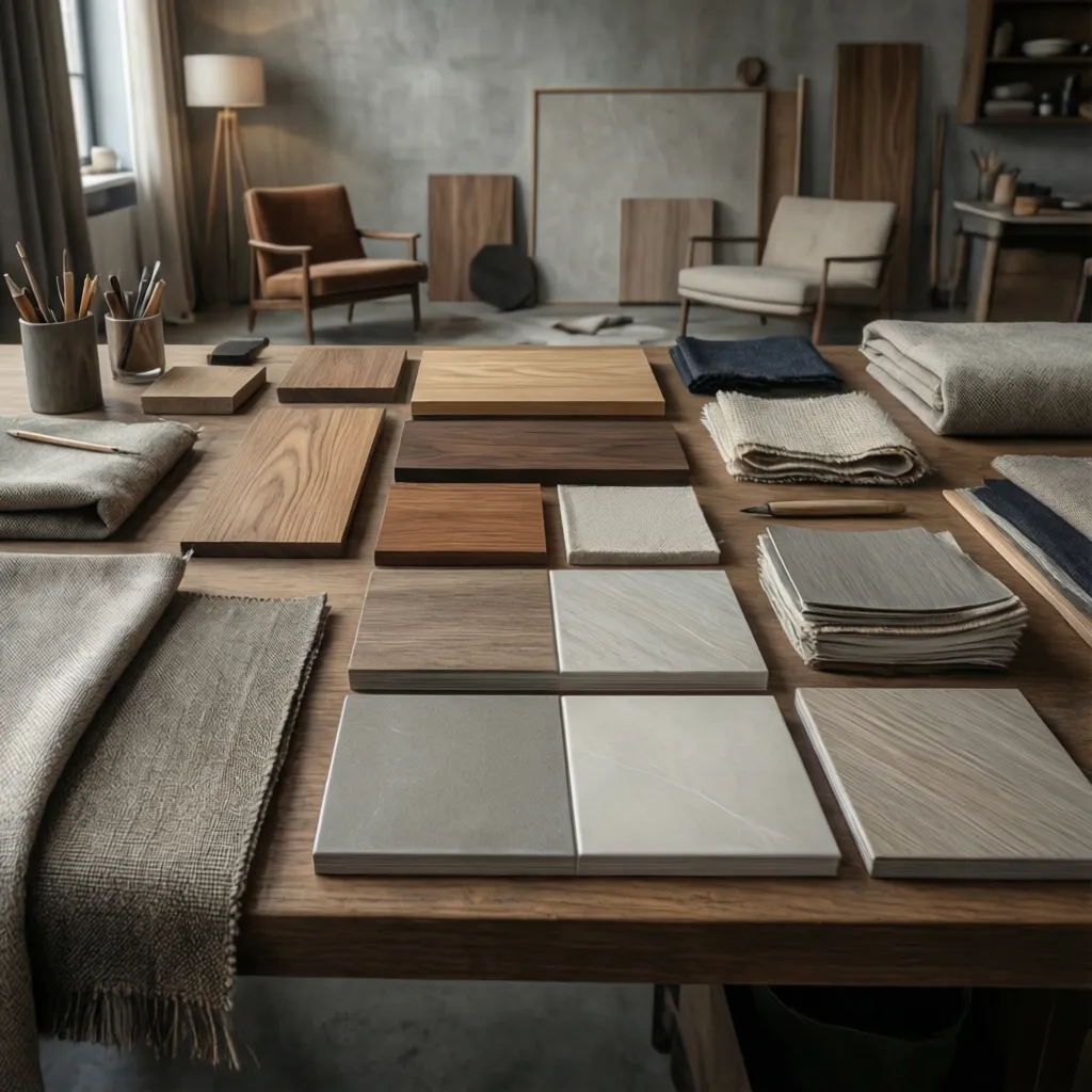 Interior design material samples including wood tiles and fabric samples on a wooden work table
