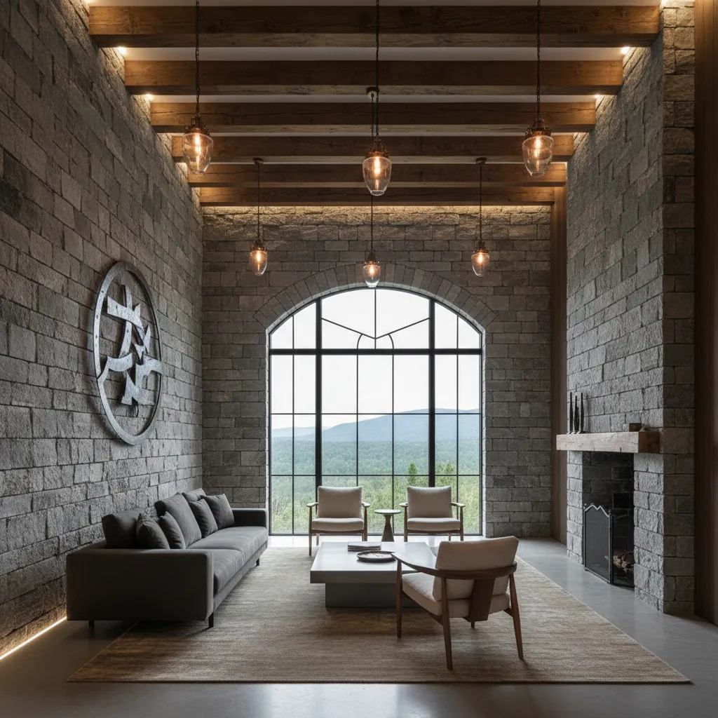 Interior moderno inspirado en castillo medieval con piedra y muebles contemporáneos