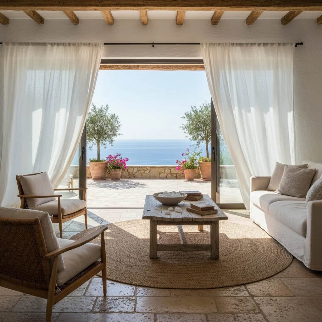 Salón mediterráneo con puertas correderas abiertas hacia una terraza