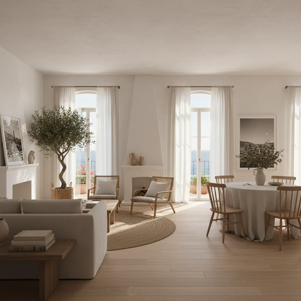 Bright Mediterranean living room with white walls wooden floor olive tree white curtains and furniture