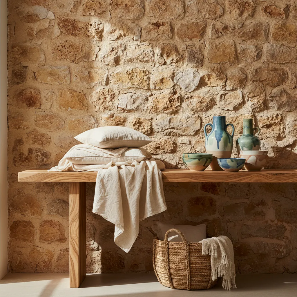 Interior con madera natural, piedra y textiles claros