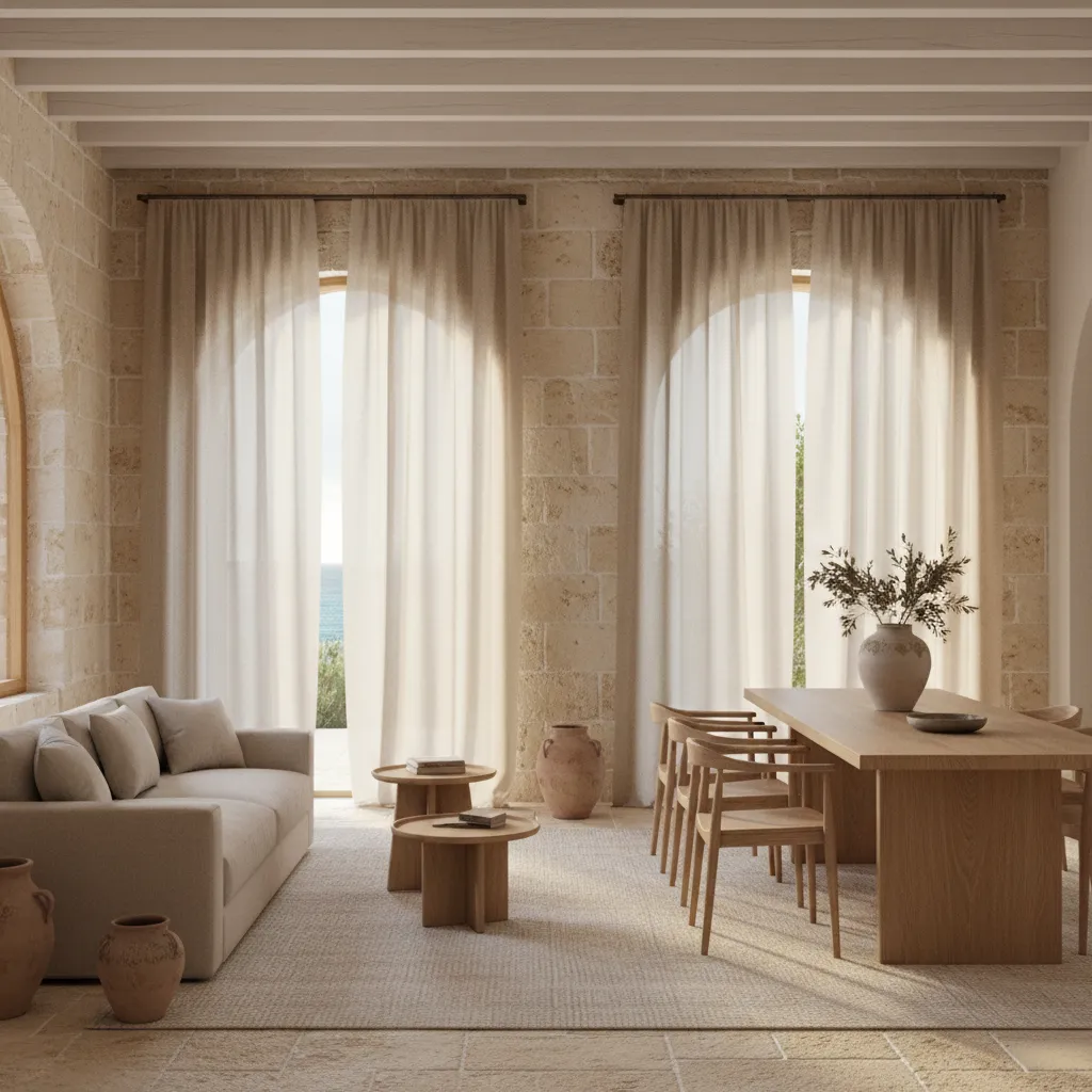 Mediterranean living and dining room with stone walls beige sofa wooden table and sheer curtains