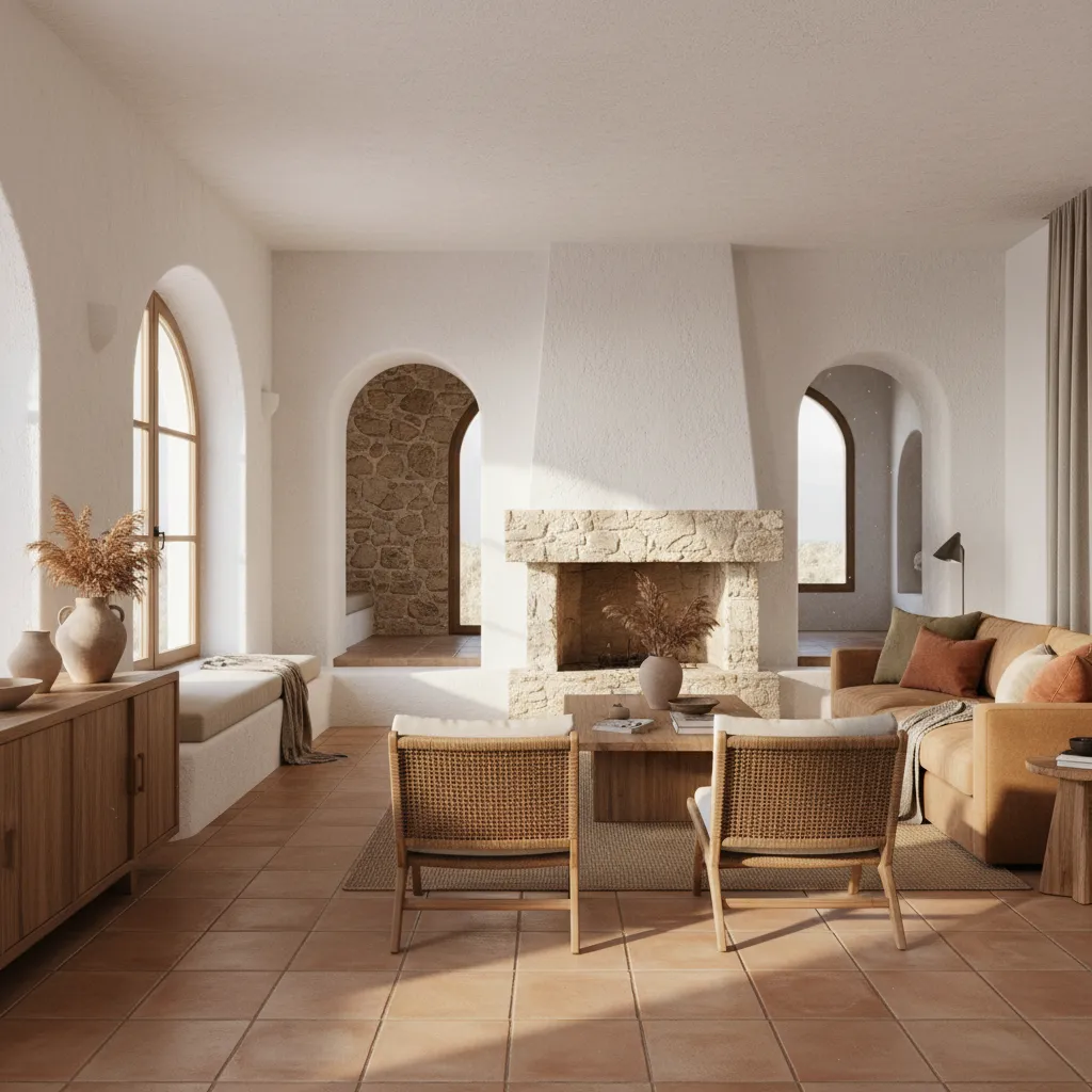 Interior mediterráneo moderno con paredes claras y materiales naturales