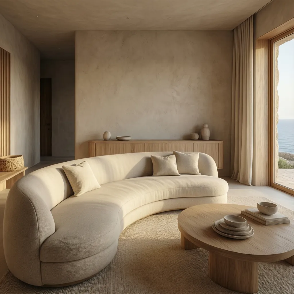 Interior mediterráneo moderno con líneas minimalistas
