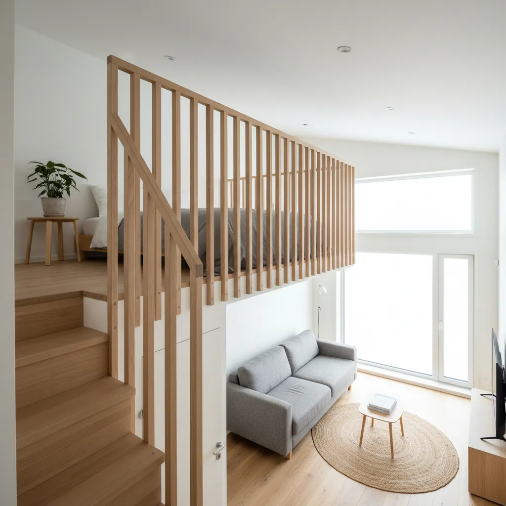 Modern minimalist interior design drawing with wooden stairs leading to a mezzanine bed and grey sofa