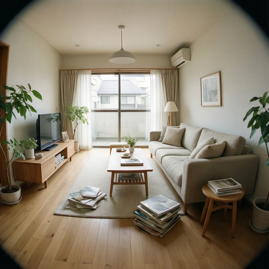 Minimalist living room with wooden floors beige sofa coffee table green plants and large windows