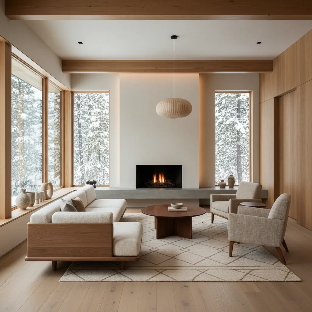 Minimalist living room with wooden beams fireplace white sofa and windows showing a snowy forest