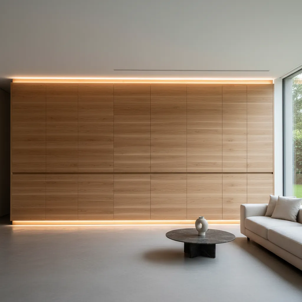 Interior minimalista con carpintería a medida y almacenamiento oculto