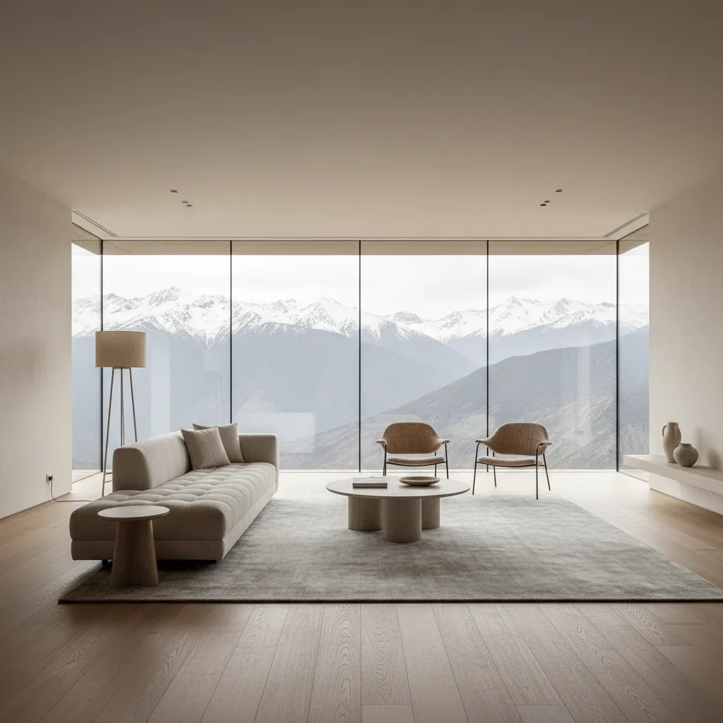 Interior minimalista de casa de lujo con grandes ventanales