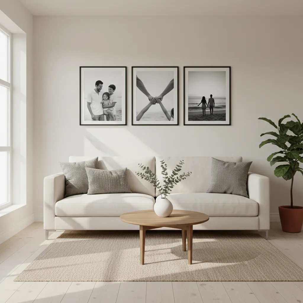 Minimalist living room with white sofa wooden coffee table green plant and framed family photos