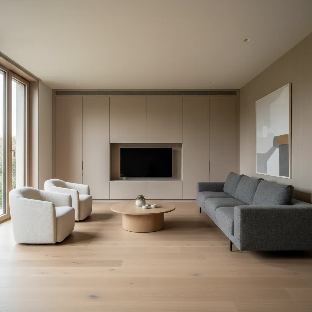 Sala minimalista bien organizada con almacenamiento integrado