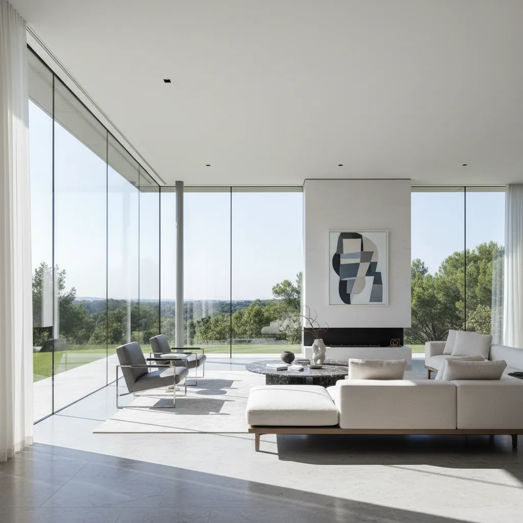 Salón amplio con diseño minimalista y ventanales grandes