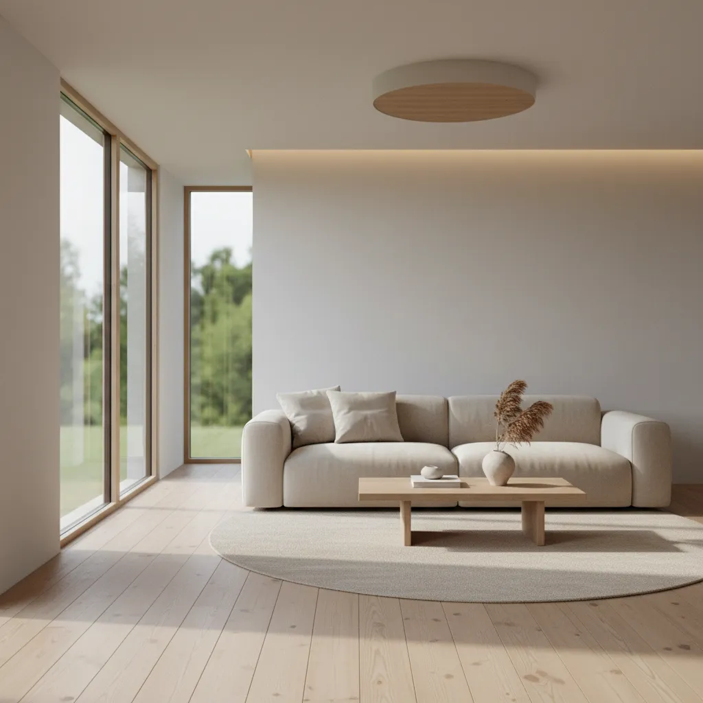 salón minimalista con madera natural y luz cálida