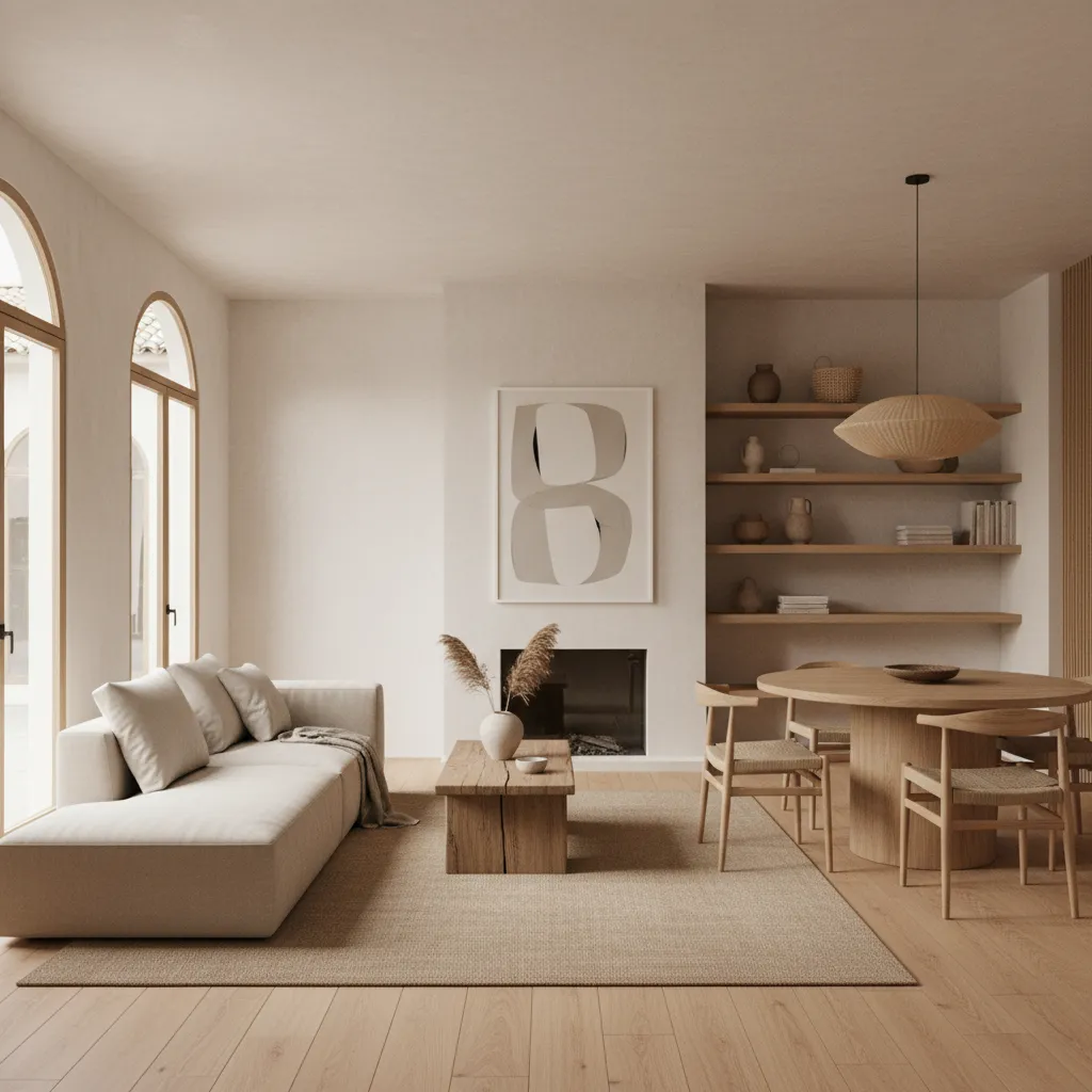 Interior moderno con materiales naturales y estilo minimalista
