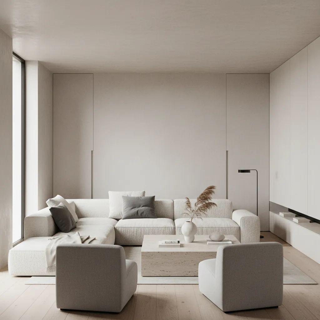 Minimalist living room with white sofa grey armchairs wooden coffee table and soft natural light