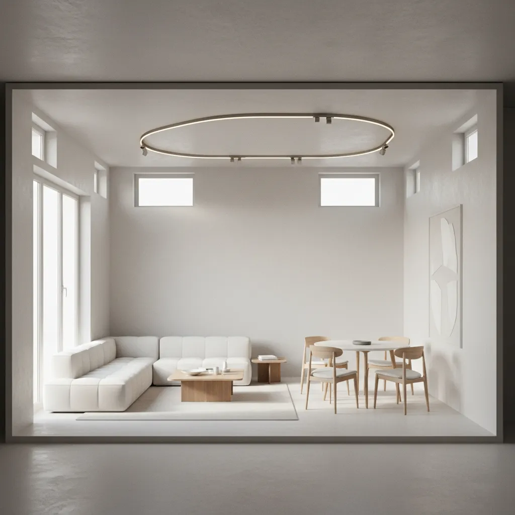 Modern interior design drawing with white sofa wooden dining set plus a round ceiling light