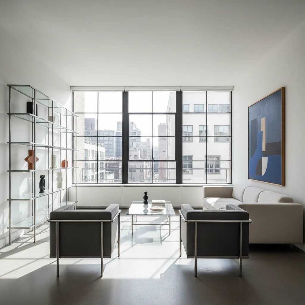 Interior moderno inspirado en la Bauhaus con líneas simples y materiales industriales