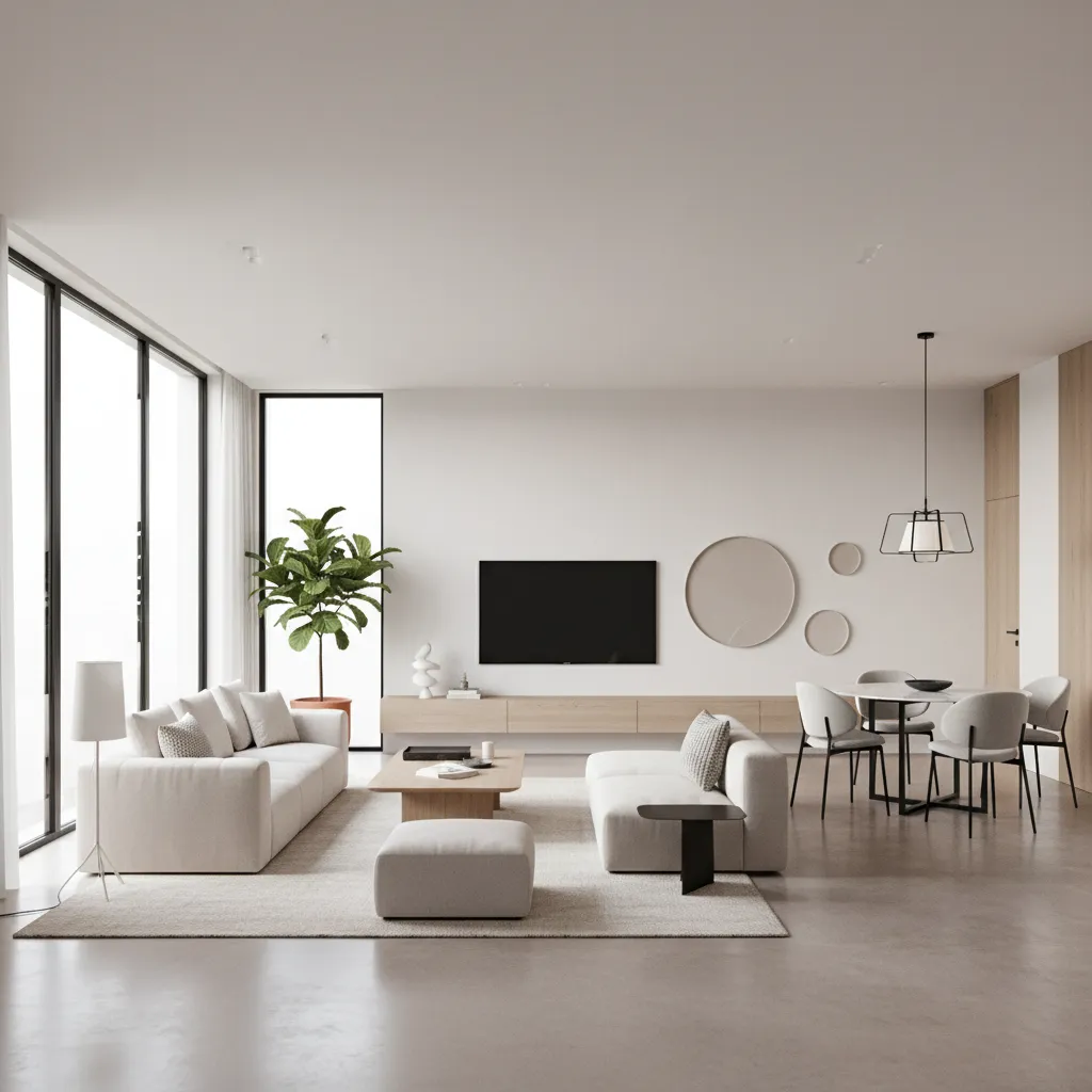 Interior moderno de una casa compacta de 100 m2 con diseño minimalista