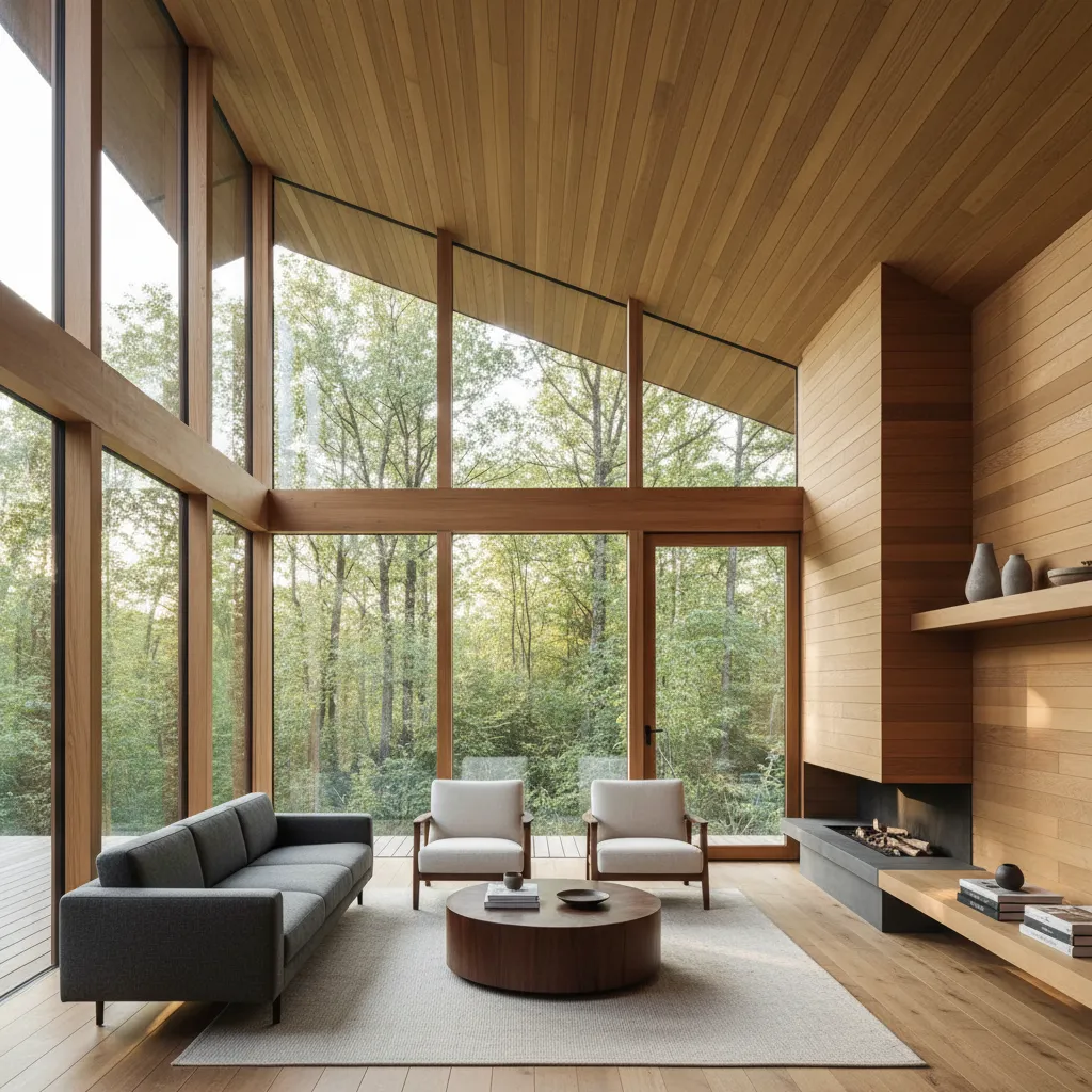 Modern living room with wood walls, grey sofa, white chairs, large windows, and forest view