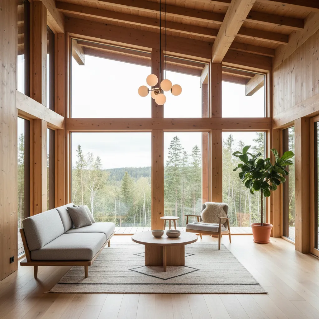 Interior moderno de casa de madera con grandes ventanales