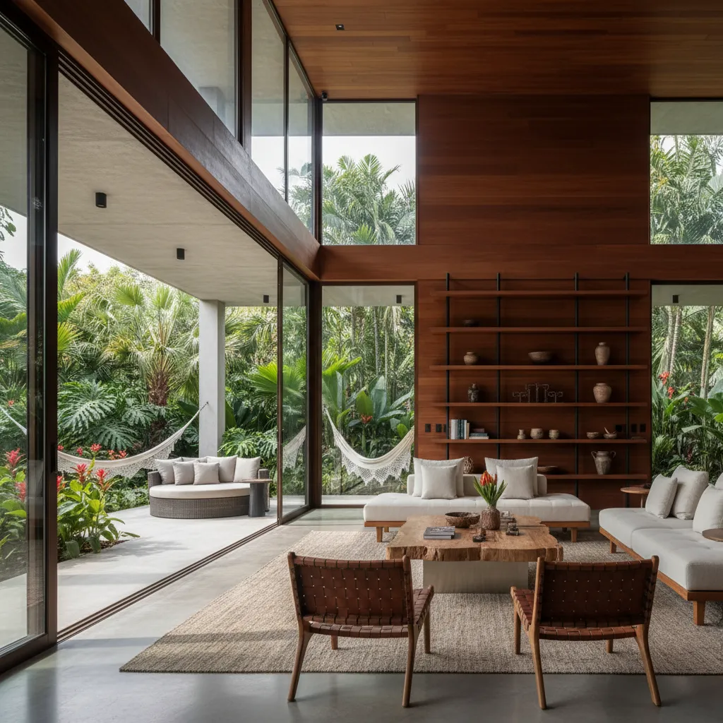 Interior moderno colombiano conectado con terraza exterior