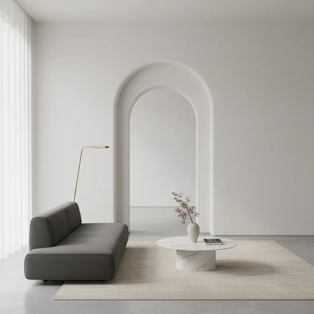 Interior moderno minimalista con apertura arqueada