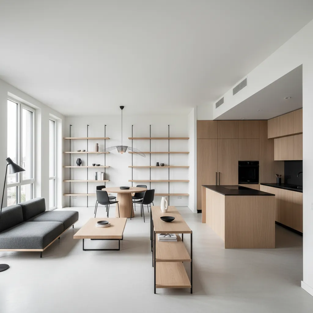 Modern open plan home with grey sofa, wood kitchen cabinets, black island, and dining area