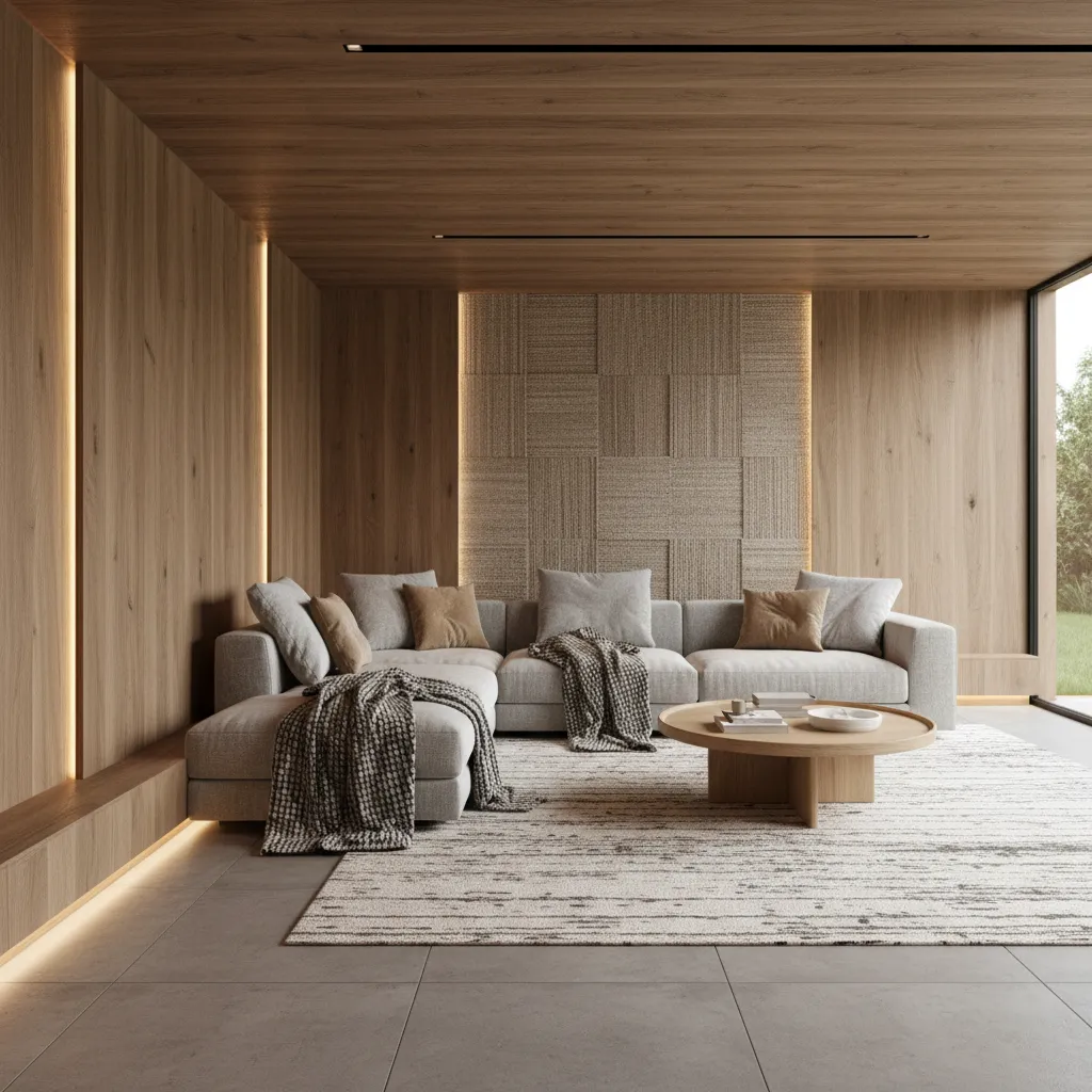 Interior moderno con madera natural y texturas cálidas