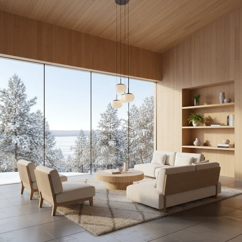 Interior moderno con madera clara y grandes ventanales