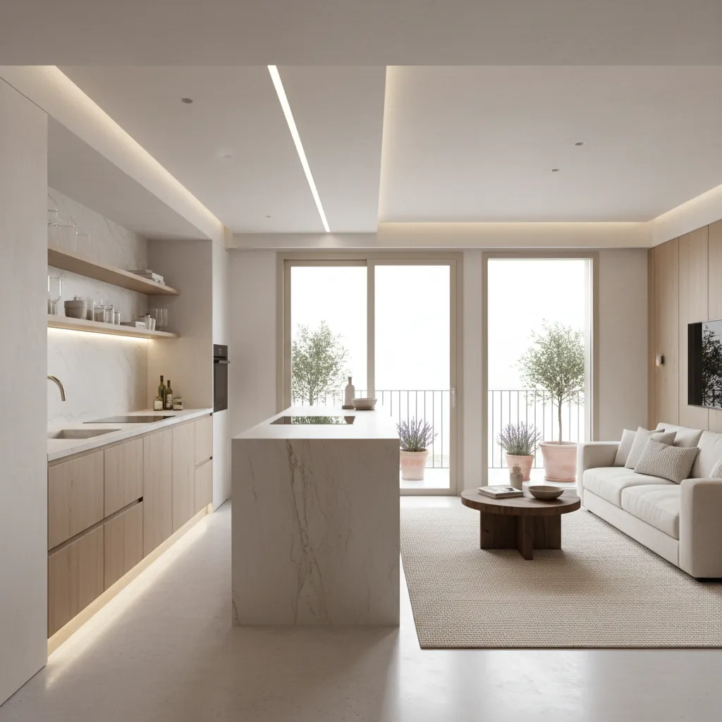 Interior contemporáneo con cocina abierta y diseño minimalista