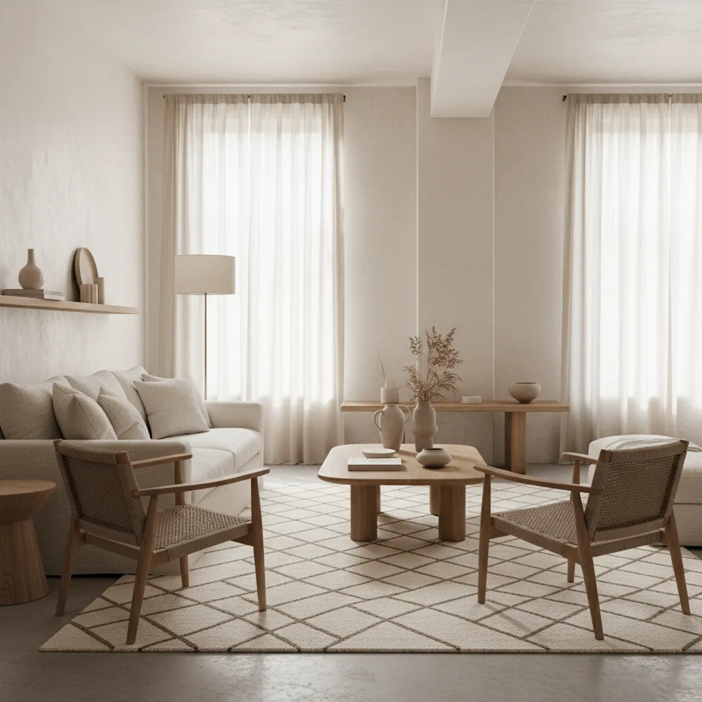 Warm neutral living room featuring beige sofa, two wooden chairs, diamond rug, and white curtain