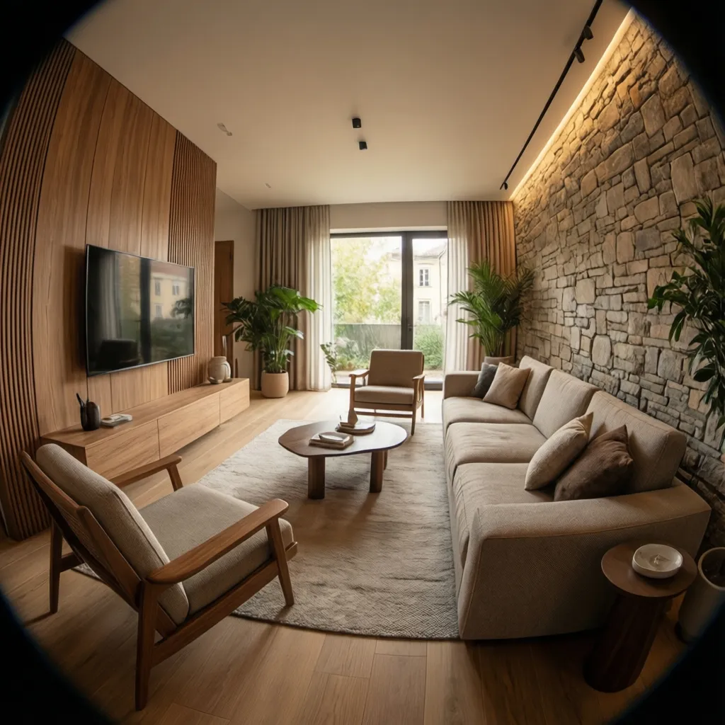 Apartamento moderno con iluminación cálida y materiales naturales