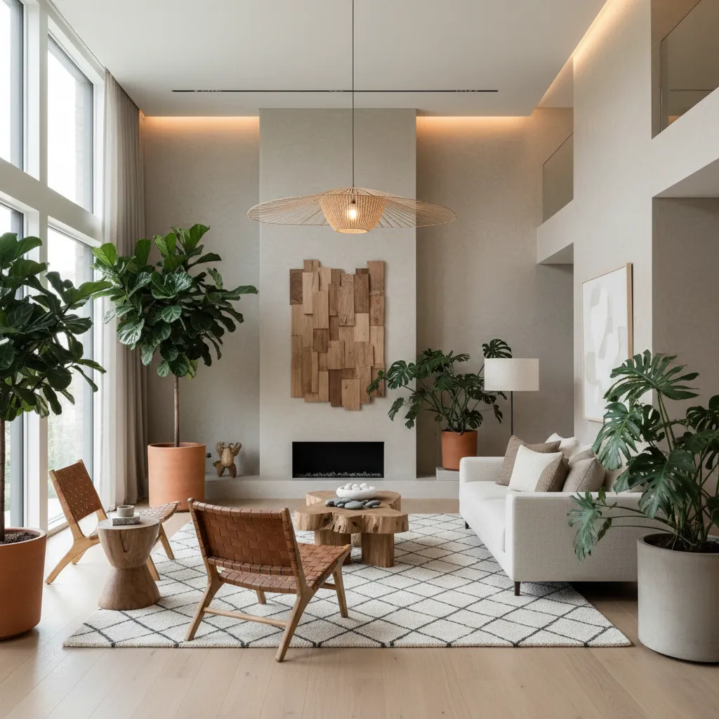 Interior contemporáneo con madera, plantas y tonos neutros