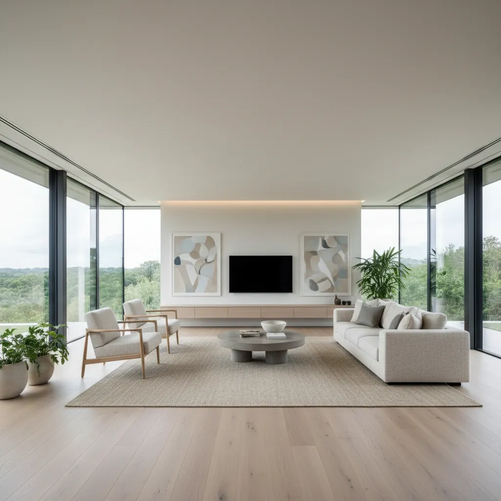 Minimalist living room with white sofa two armchairs wooden floor and large windows showing trees