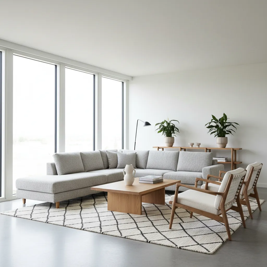 Salón moderno minimalista con líneas limpias y luz natural