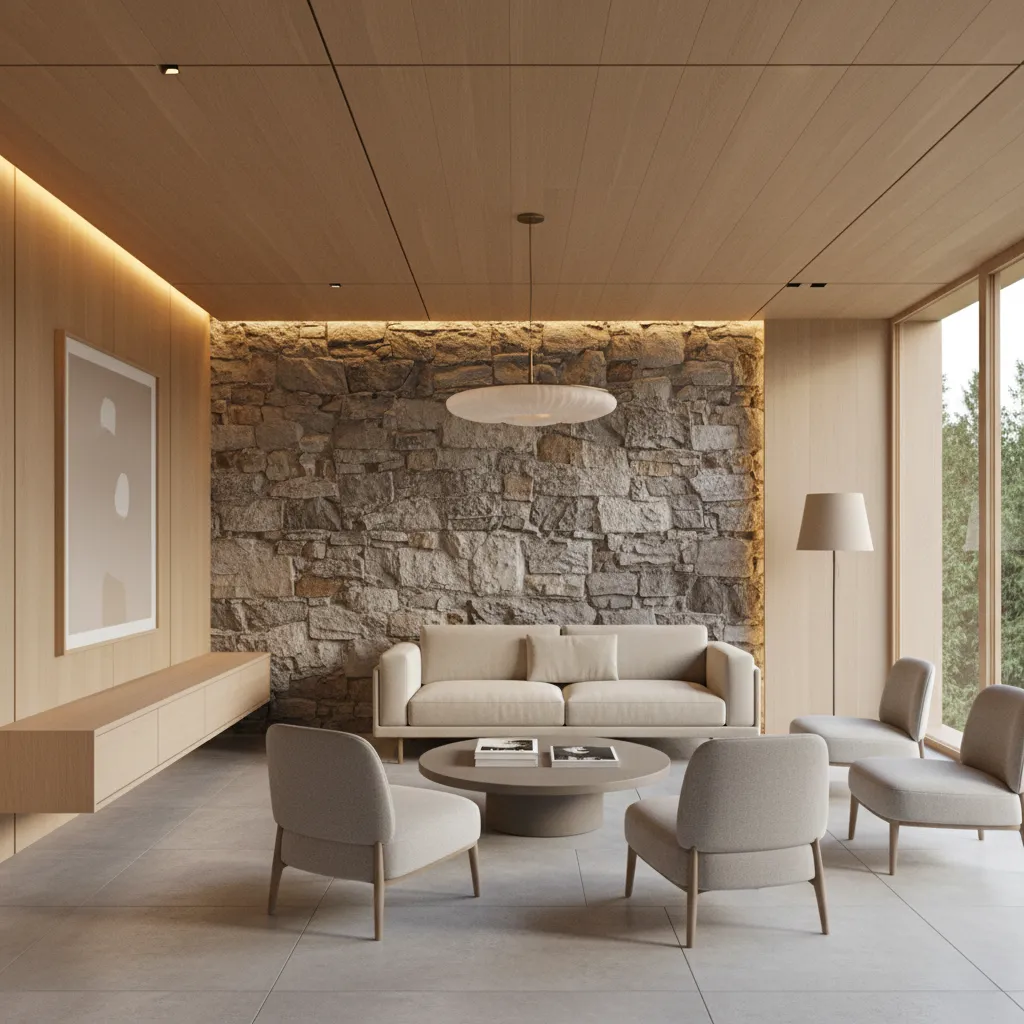 Interior moderno combinando piedra natural y madera clara