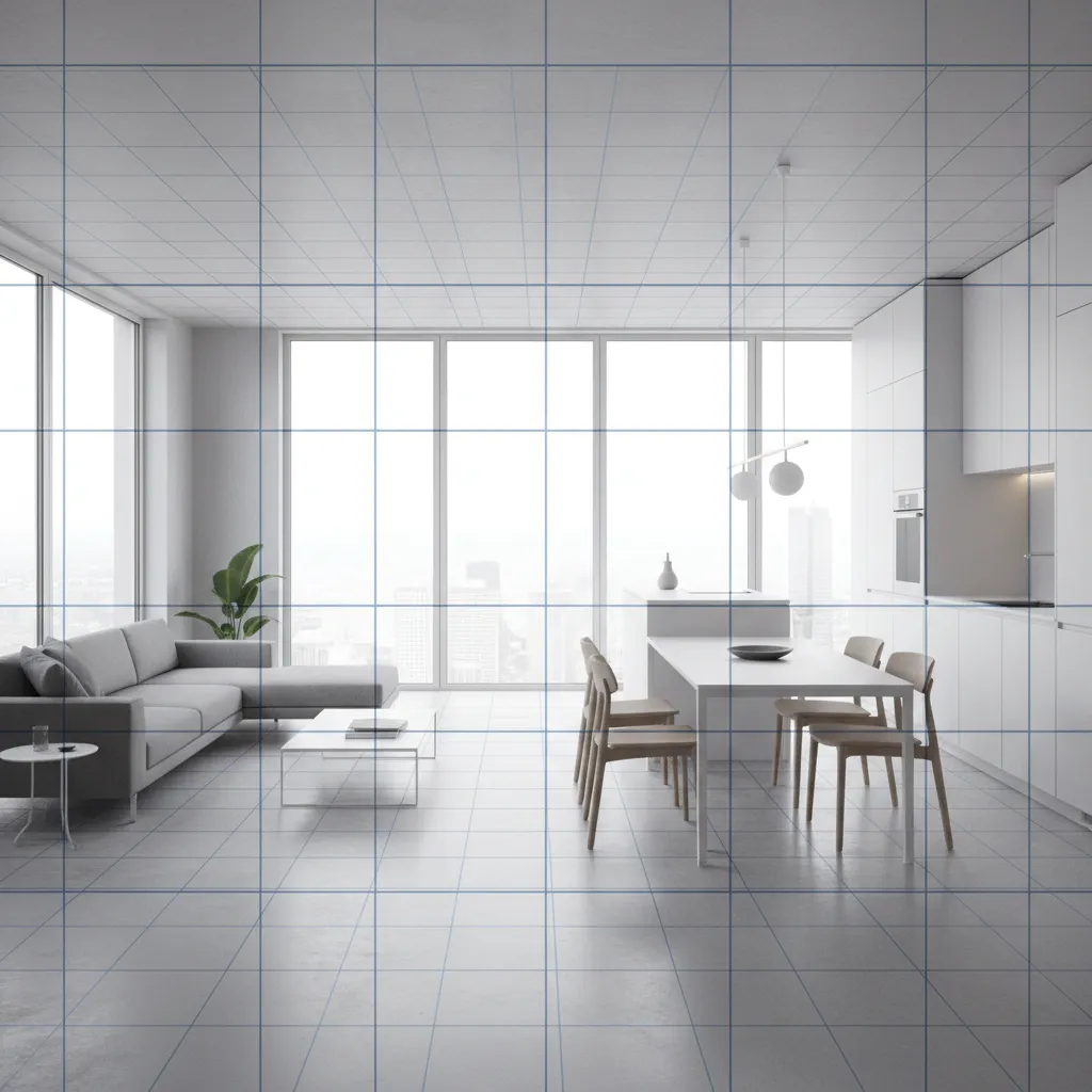 Visualización de un espacio interior con una cuadrícula modular aplicada al diseño