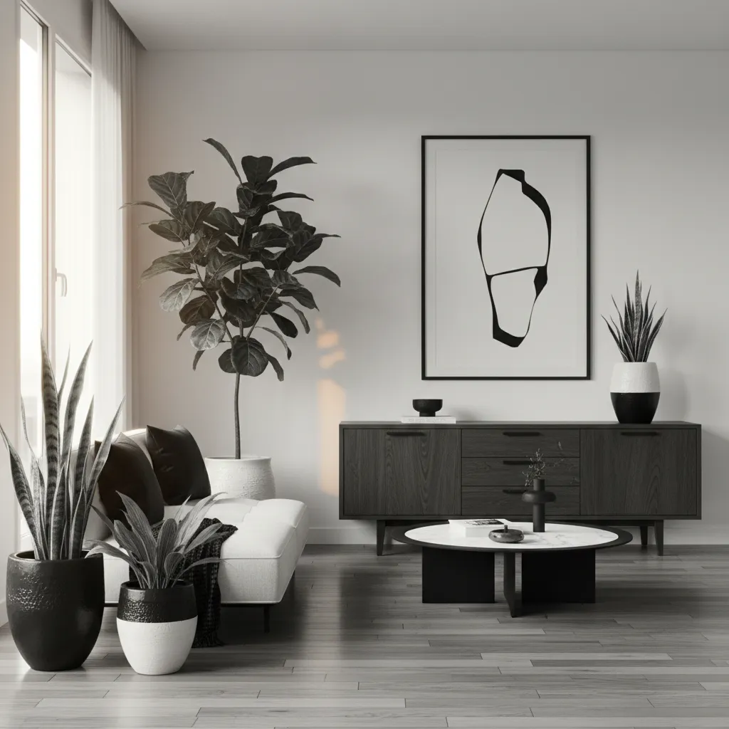 Interior monokrom dengan lantai kayu dan tanaman indoor