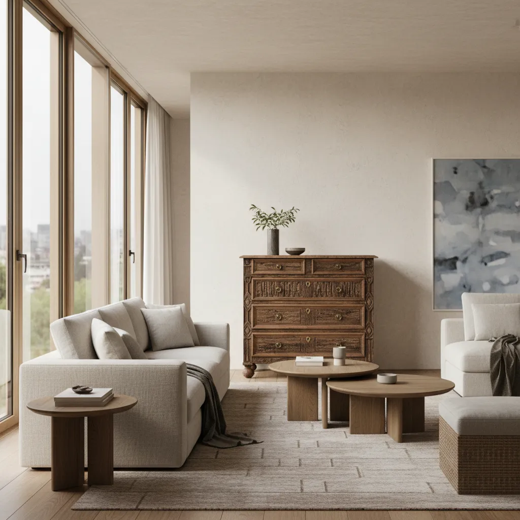 Modern living room with beige sofa wooden coffee tables vintage cabinet large windows and rug