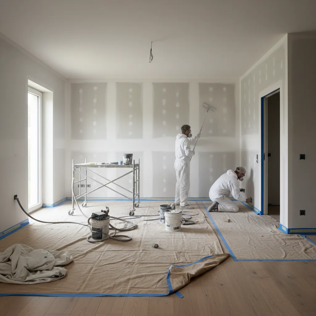 Painter preparing interior walls with sanding and masking before painting