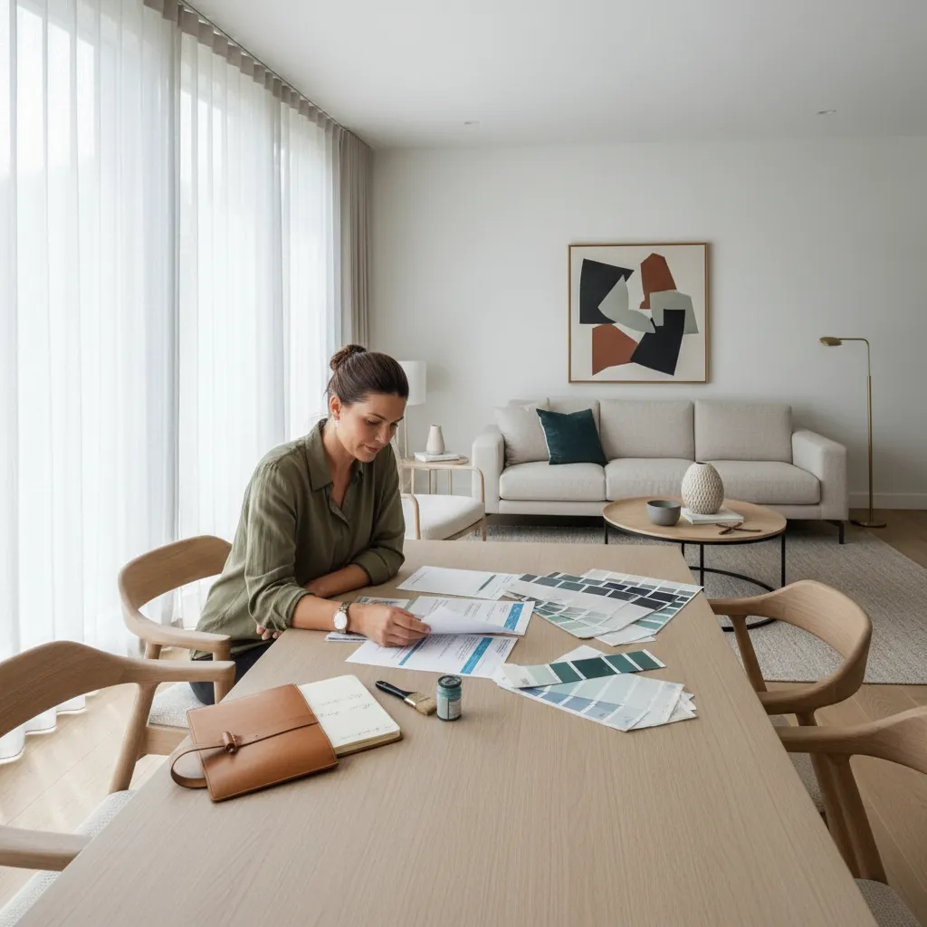 homeowner reviewing interior painting estimates and color samples on a table