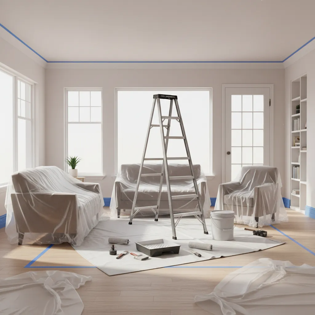 interior painting preparation with taped trim and covered furniture