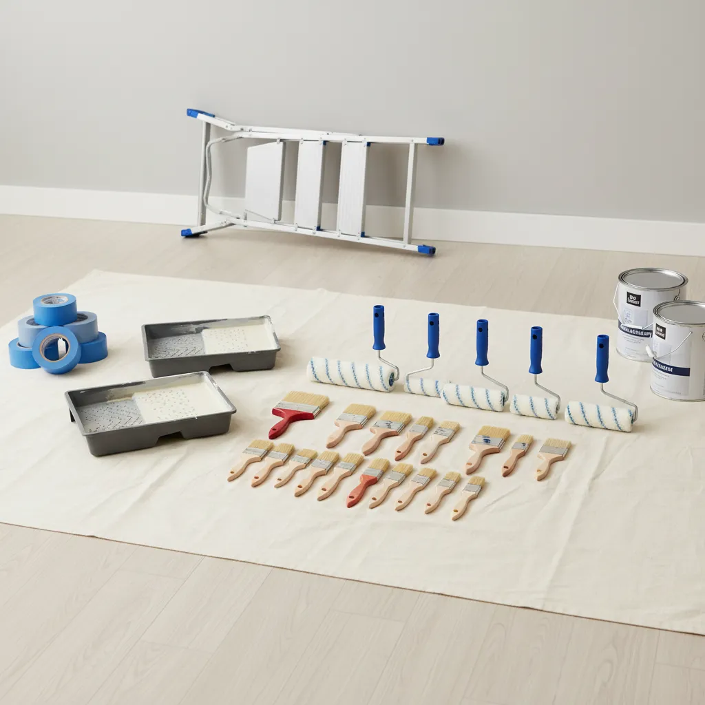 Interior painting preparation tools including rollers brushes tape and drop cloth