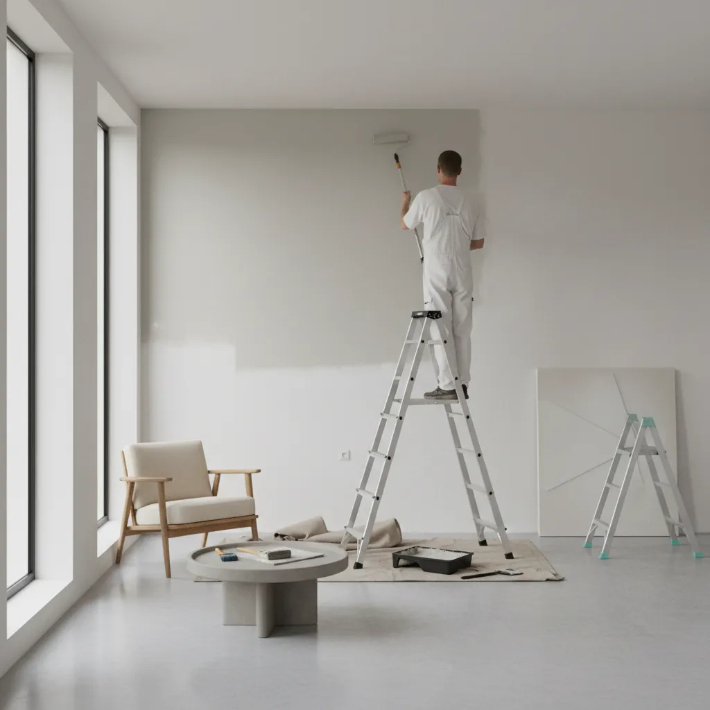 Interior wall painting process with roller and paint tray