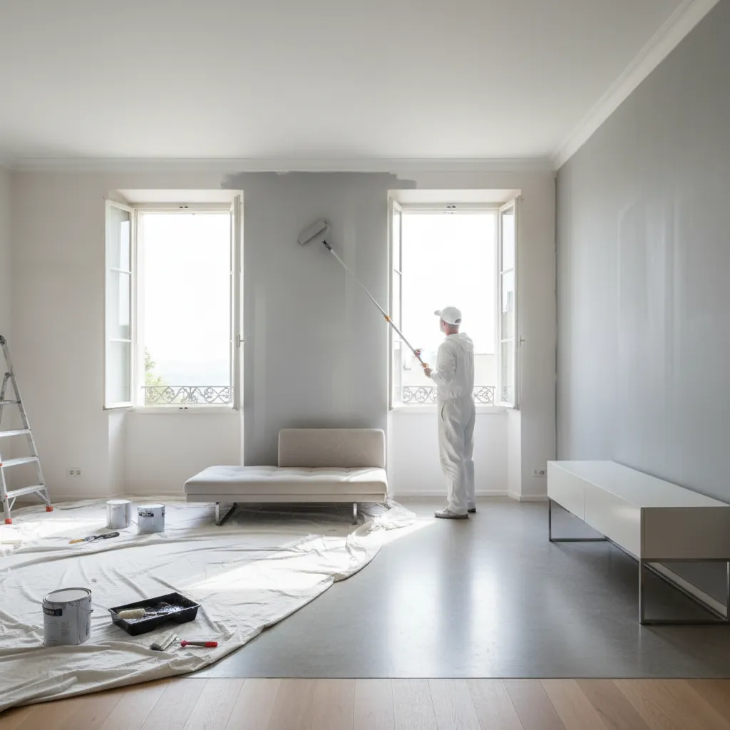 Interior room being painted with windows open and airflow for ventilation