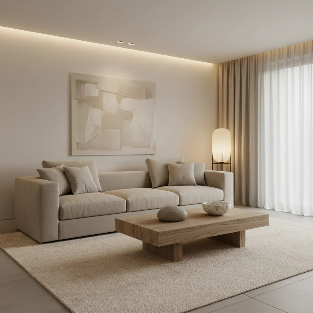 Interior elegante con pocos colores y materiales naturales