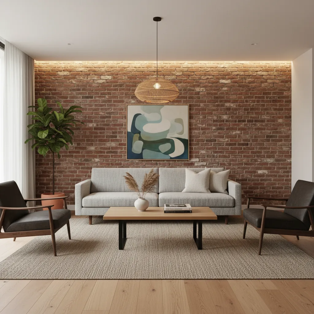Salón moderno con pared interior de ladrillo visto