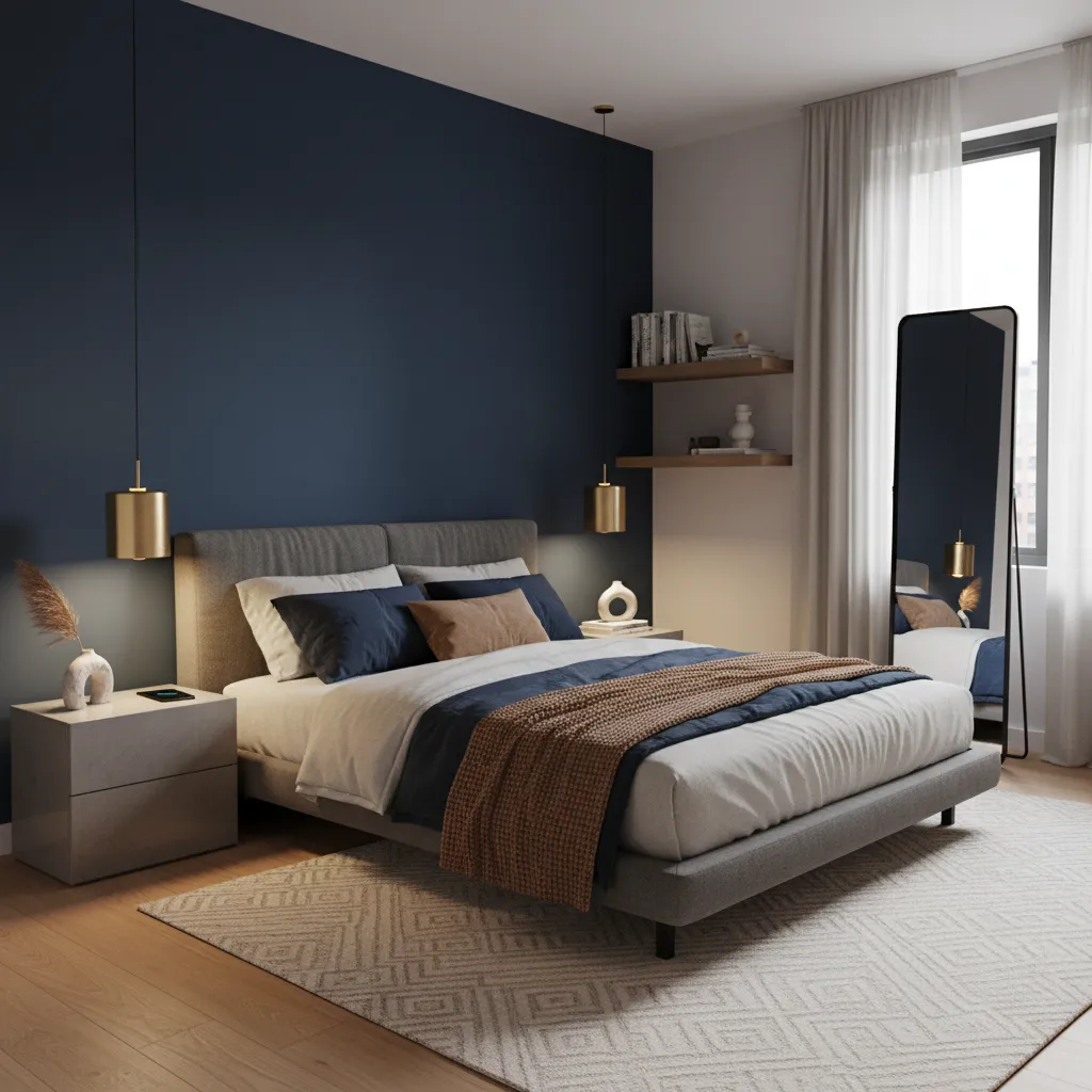 Dormitorio pequeño con pared azul oscuro elegante