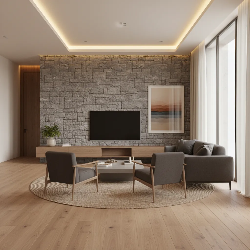 Modern living room with grey sofa stone wall panel wooden floor large windows and curtains