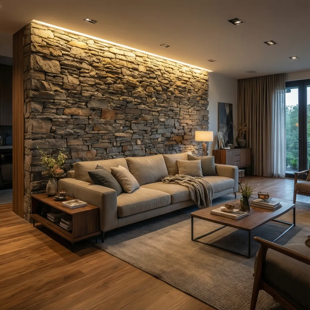 Salón moderno con pared de piedra natural detrás del sofá